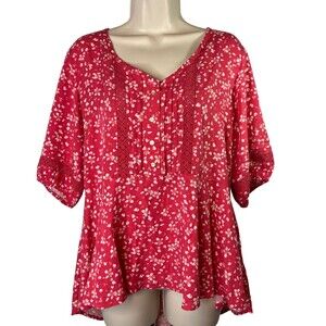 ⭐️2/$10 Falls Creek Pink Floral Vneck Boho Peplum 1/2 Sleeve Blouse Size LG